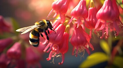 A close-up of a bumblebee pollinating a bleeding heart vine with the intricate details of both the bee and the flower highlighted in the morning sun