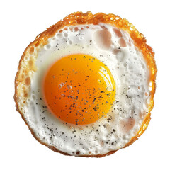 Close-up of a fried egg with a golden yolk, sprinkled with black pepper, isolated on a transparent white background