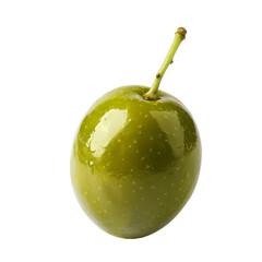 A fresh, green olive glistening with moisture, isolated on a transparent white background