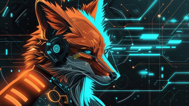Fox robot cyberpunk with dark background.
