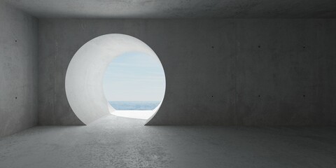 Abstract empty, modern concrete room with round large opening in the back wall and ocean view - industrial interior background template