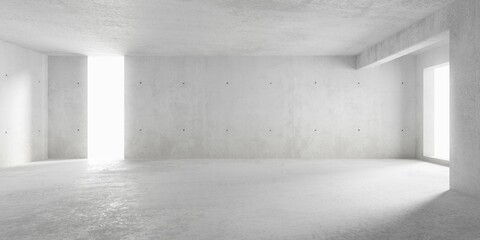 Abstract empty, modern concrete room with windows left and right and rough floor - industrial interior background template - 760602789