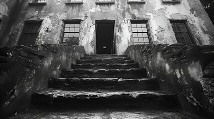 Black and white photography  - low angle shot - old building - stairway  - Powered by Adobe