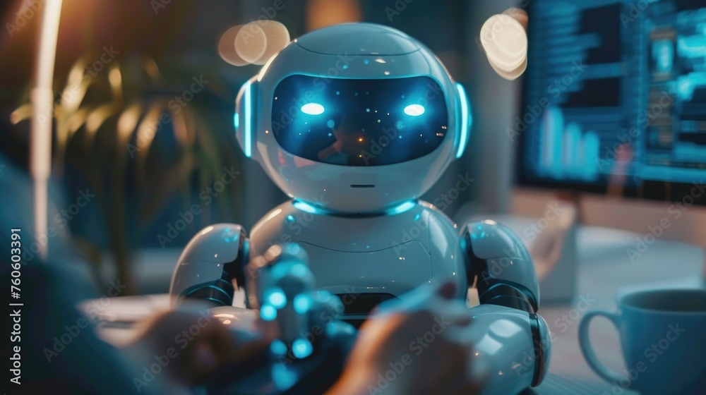 Poster a robot sitting in front of a computer screen. perfect for technology concepts