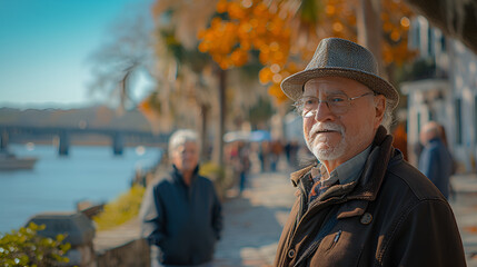 Obraz premium Senior couple taking a walk on the harbor - lake - exercise - active - inspired by the scenery of Charleston South Carolina 