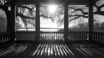 Back porch at lake house - black and white - coastal - marsh - lake - inspired by the scenery of coastal South Carolina  - Powered by Adobe