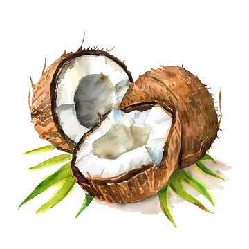 Coconut with leaves, isolated on white background, watercolor illustration