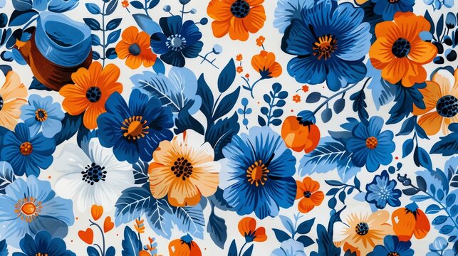 Floral pattern is blue, orange, and white