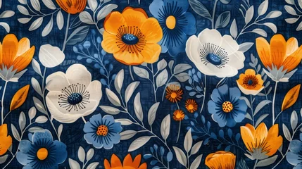 Fotobehang Floral pattern is blue, orange, and white © Media Srock