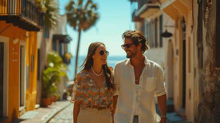 Obraz premium Couple on vacation on the coast in a coastal historic town - casual clothing - inspired by the scenery of Charleston South Carolina 