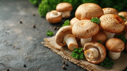 Fototapeta na wymiar Fresh shiitake mushrooms with parsley on grey table, closeup