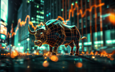 Financial Exchange and Bronze Bull Sculpture,created with Generative AI tecnology. - obrazy, fototapety, plakaty