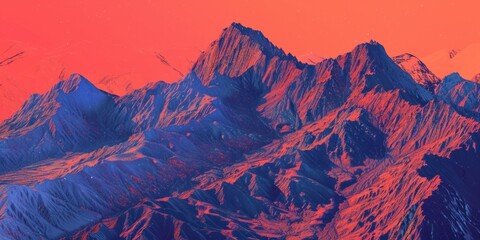 Majestic mountain range against a vibrant red sky. Ideal for nature and landscape themes