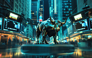 Financial Exchange and Bronze Bull Sculpture,created with Generative AI tecnology. - obrazy, fototapety, plakaty