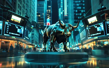 Foto op Plexiglas Financial Exchange and Bronze Bull Sculpture,created with Generative AI tecnology. © henvryfo