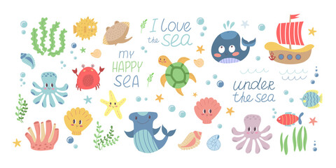 Sea life elements set. Wild marine animals big collection in flat vector style.