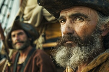 Explorers with historical costumes and intense gazes portray sailors from the age of discovery