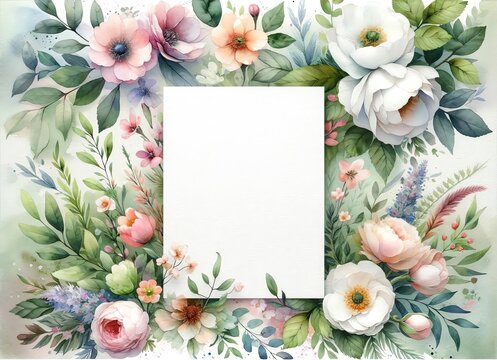 Watercolor painting of a Blank Wedding Invitation Card with Flowers