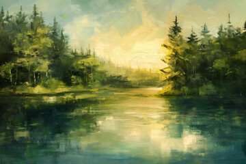 Digital painting of a forest lake with trees and reflection in water.