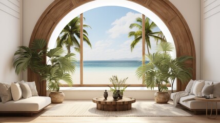 Fototapeta na wymiar Tropical view of a room with an arch window