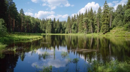Fototapeta na wymiar Peaceful lake surrounded by tall green trees. Ideal for nature and outdoor themed projects