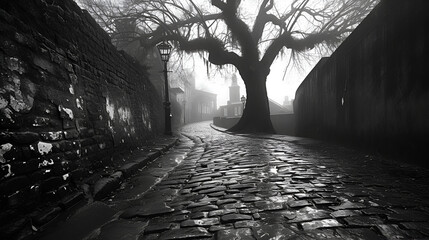 Black and white photo of a tree next to a cobblestone path - stone walls - haunting visual - surreal  - Powered by Adobe