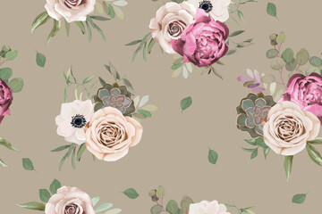 Floral seamless pattern with rose, anemone, cactus and peony. Vintage textile. Watercolour style. Vector illustration