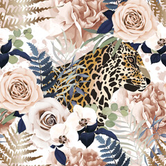 Floral vintage seamless pattern. Animal fashion print with tiger, orchid and rose. Vector illustration