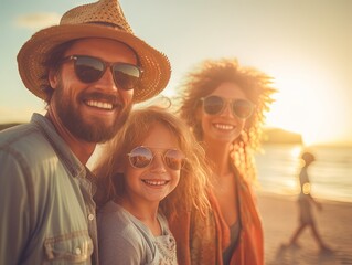  family of four smiles on the beach, with a happy expression
