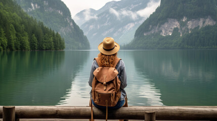 Back view of a tranquil scene featuring a young woman seated on a wooden deck, wearing a hat, wearing jeans, with a backpack, gazing at a lake embraced by mountains. Solo travel concept. - Powered by Adobe