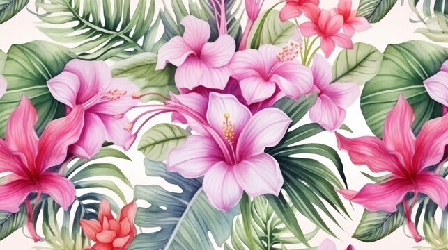 Watercolor seamless pattern with exotic tropical flowers © Media Srock