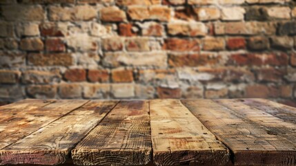 Rustic wooden table in front of a textured brick wall. Perfect for home decor or interior design...