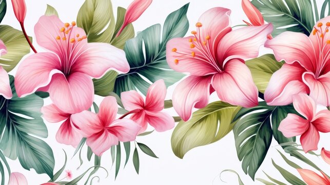 Watercolor seamless pattern with exotic tropical flowers