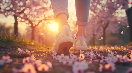 Rear view of a person's feet wearing sneakers walking in a park in spring with cherry trees blooming at sunset - obrazy, fototapety, plakaty