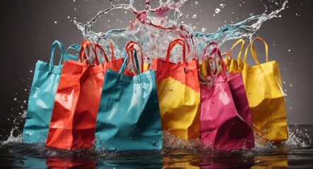 Set of Colorful Empty Shopping Bags in splashes of water