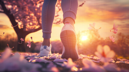 Rear view of a person's feet wearing sneakers walking in a park in spring with cherry trees blooming at sunset - obrazy, fototapety, plakaty