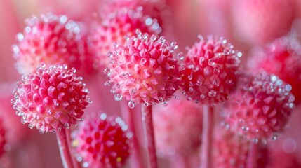  a close up of a bunch of pink flowers with drops of water on the top and bottom of the stems.