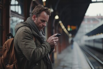 A man standing on a train platform, checking his cell phone. Perfect for transportation concepts - obrazy, fototapety, plakaty