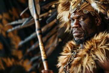 Shaka Zulu warrior with traditional African attire and history reflected in his fierce leader appearance - obrazy, fototapety, plakaty