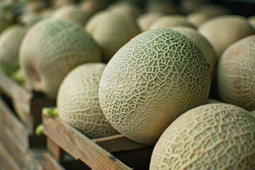 Cantaloupe melons at a market featuring fresh produce and agricultural food with a healthy natural appeal - obrazy, fototapety, plakaty