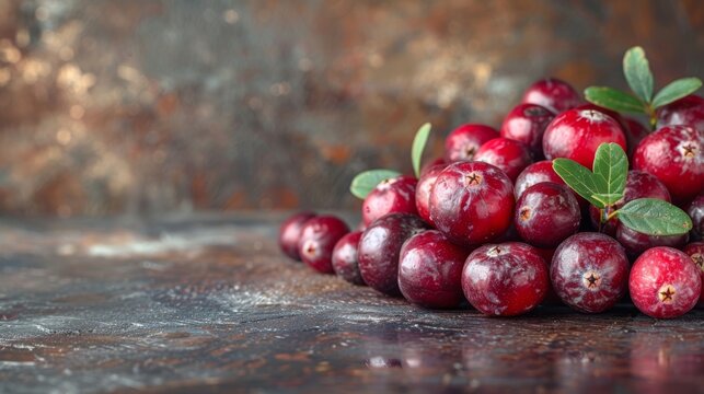  a pile of cranberries sitting on top of a wooden table next to a leafy green sprig.