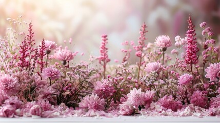  a bunch of pink flowers that are in the grass with a blurry background of pink flowers in the grass.