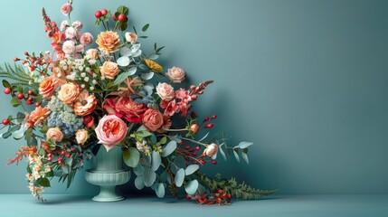  a vase filled with lots of flowers on top of a blue table next to a vase filled with lots of flowers on top of a blue table.