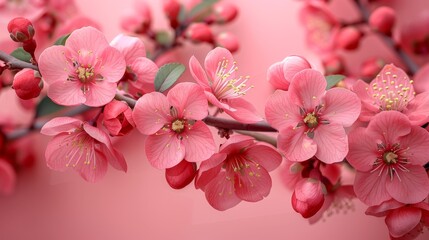  a close up of pink flowers on a branch with green leaves on a pink background with a light pink background.