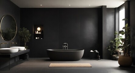 Modern minimalism style bathroom interior in black and white tones - obrazy, fototapety, plakaty