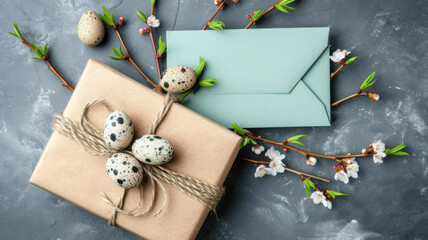 A gift in craft packaging, an envelope with a postcard and Easter quail eggs on a concrete background with branches of a apple blossom.