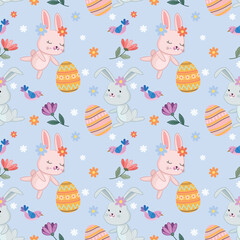 Happy Easter egg concept. Bunny with Easter egg and flowers seamless pattern for fabric textile wallpaper gift wrapping paper.