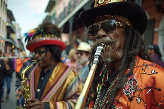 Mardi Gras celebration in New Orleans with parade, music, musicians, and festival culture