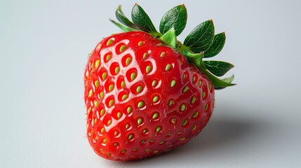  a close up of a single strawberry on a white surface with a green leaf on the top of the strawberry.