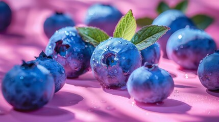  a group of blueberries sitting on top of a pink surface with a leaf on top of one of them.